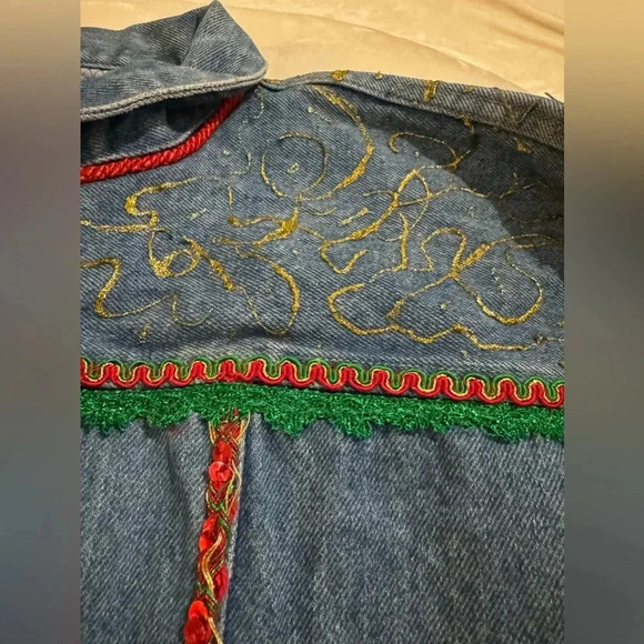 VTG Quiksilver Distressed Ugly Christmas Denim Jacket Tacky Kitsch Unique Fun - Picture 6 of 16
